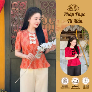 Pháp phục đi chùa cổ tròn đính nơ nhung Tằm thọ Set đồ đi lễ tiểu thư lụa gấm Bộ đồ lam đi chùa cách tân gấm mềm