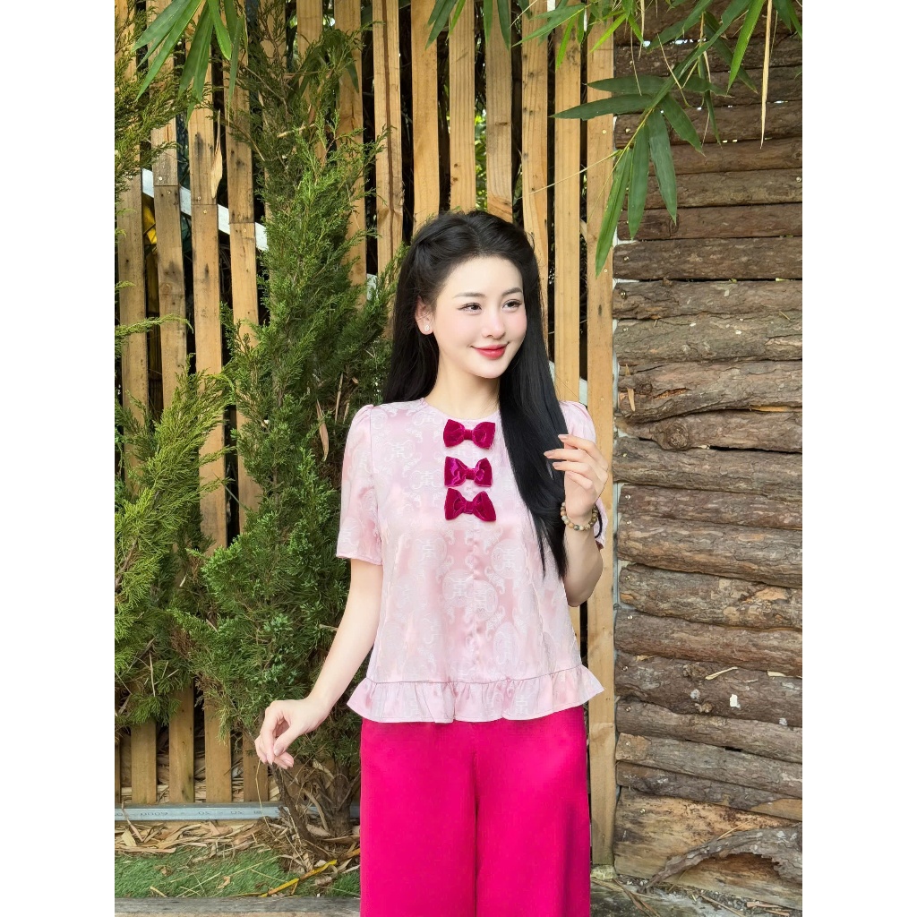 Pháp phục đi chùa cổ tròn đính nơ nhung Tằm thọ Set đồ đi lễ tiểu thư lụa gấm Bộ đồ lam đi chùa cách tân gấm mềm