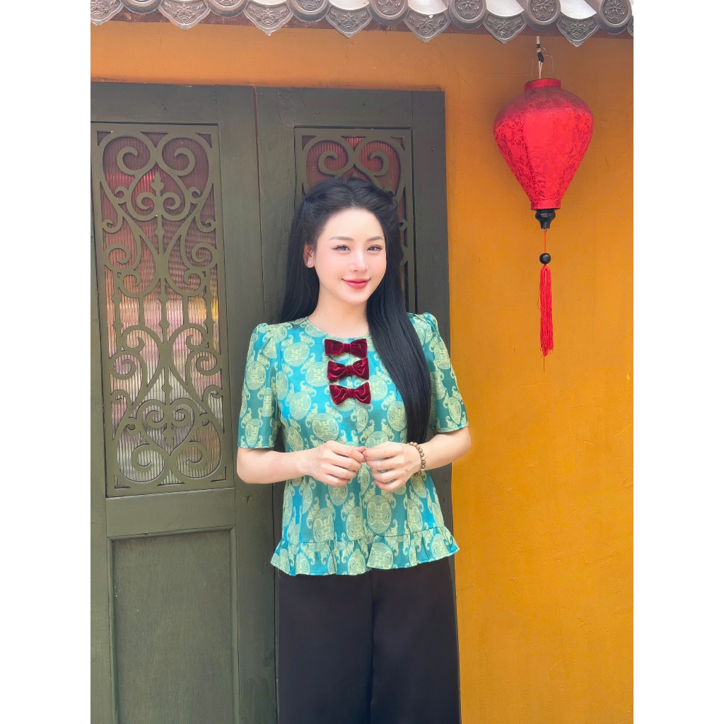 Pháp phục đi chùa cổ tròn đính nơ nhung Tằm thọ Set đồ đi lễ tiểu thư lụa gấm Bộ đồ lam đi chùa cách tân gấm mềm