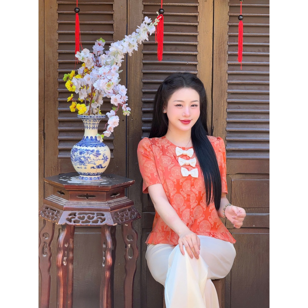Pháp phục đi chùa cổ tròn đính nơ nhung Tằm thọ Set đồ đi lễ tiểu thư lụa gấm Bộ đồ lam đi chùa cách tân gấm mềm