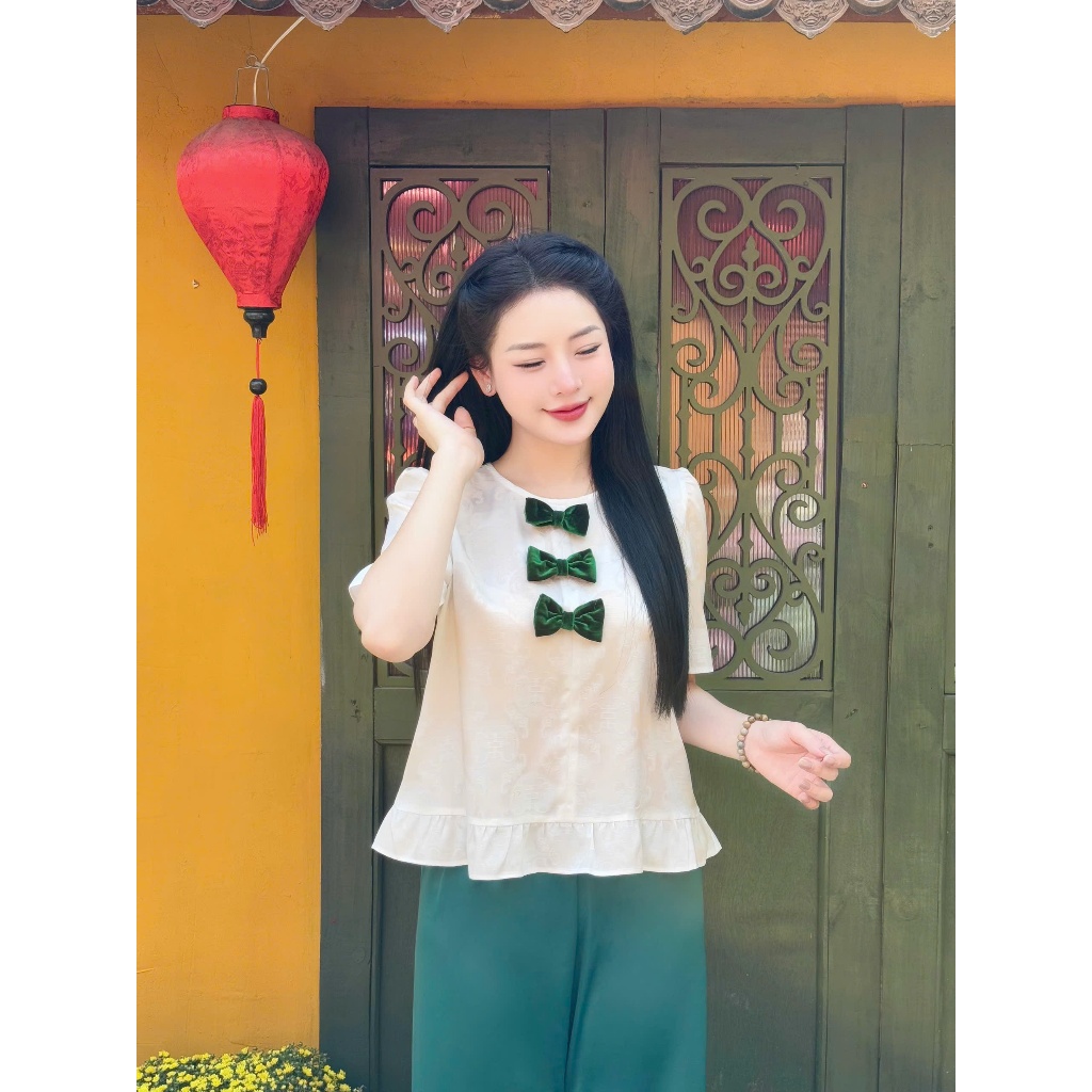 Pháp phục đi chùa cổ tròn đính nơ nhung Tằm thọ Set đồ đi lễ tiểu thư lụa gấm Bộ đồ lam đi chùa cách tân gấm mềm
