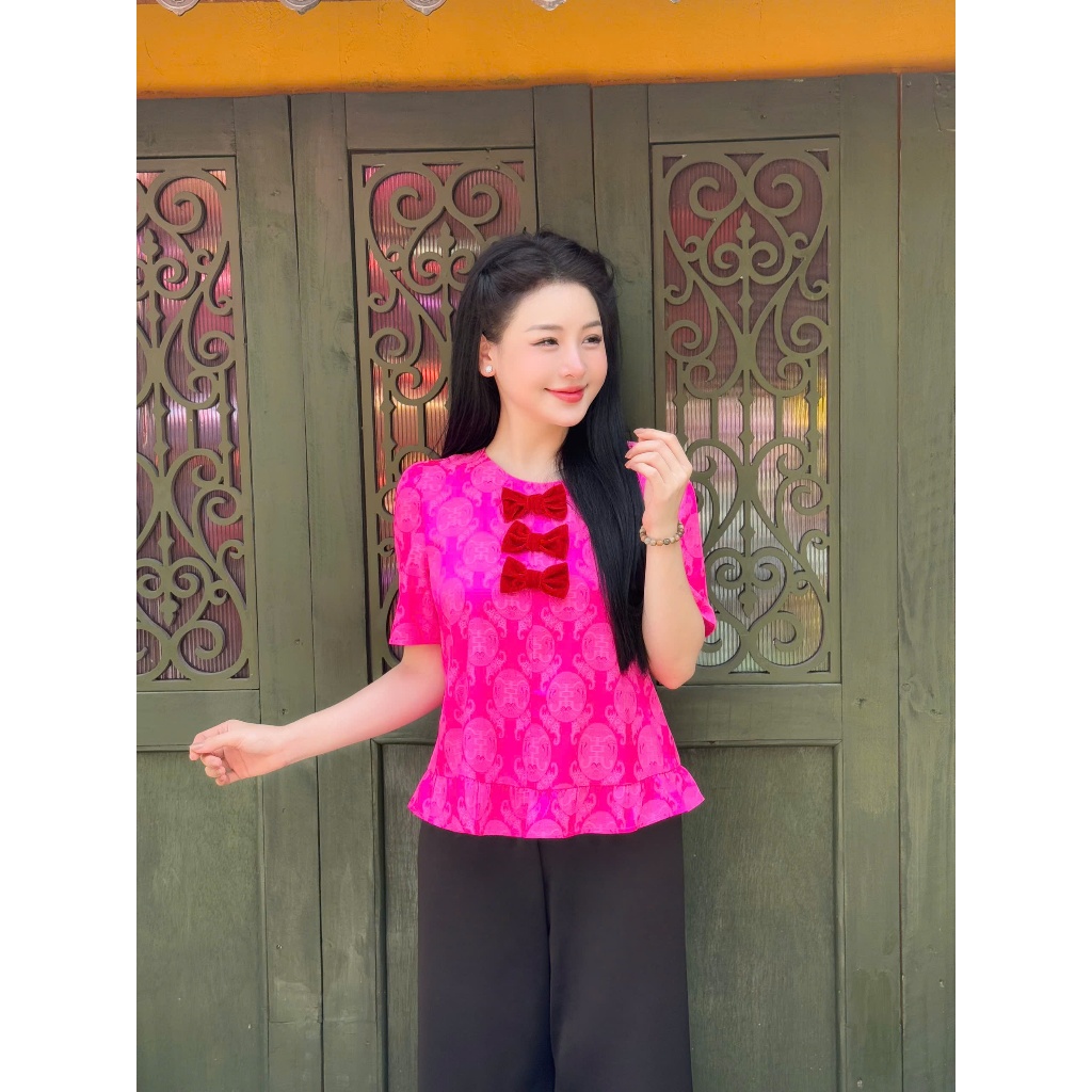 Pháp phục đi chùa cổ tròn đính nơ nhung Tằm thọ Set đồ đi lễ tiểu thư lụa gấm Bộ đồ lam đi chùa cách tân gấm mềm