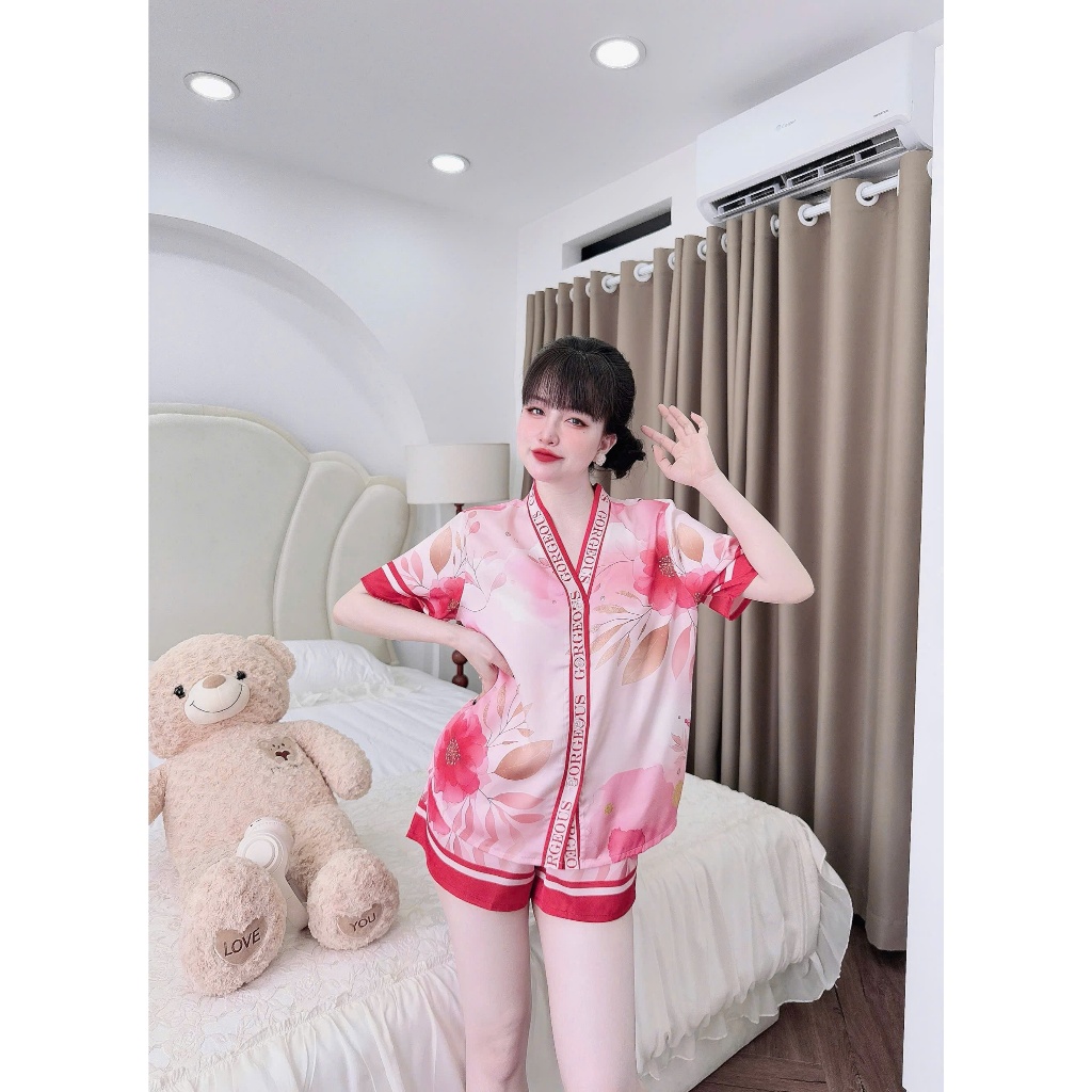 Bộ nữ ngắn Vy Linh chất liệu lụa latin cổ Y thoáng mát thấm hút mồ hôi tốt, bề mặt vải mịn mát S1103 3D