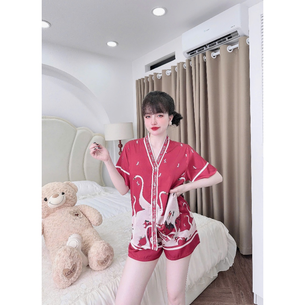 Bộ nữ ngắn Vy Linh chất liệu lụa latin cổ Y thoáng mát thấm hút mồ hôi tốt, bề mặt vải mịn mát S1103 3D