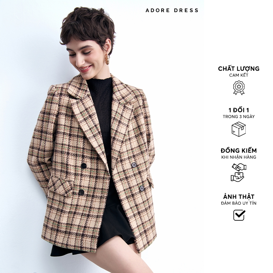 Ảnh 412CO2001 - Áo khoác dạ dài dạ tech karo beige cổ 2 ve ADORE DRESS 1