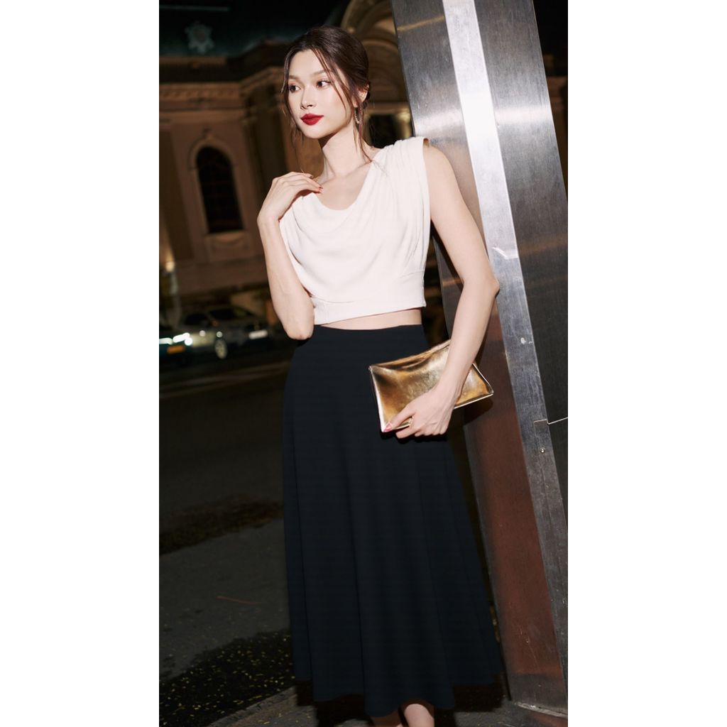 Vella Fashion set áo croptop cổ đổ không tay phối chân váy midi dáng xòe VA24117 VV24118