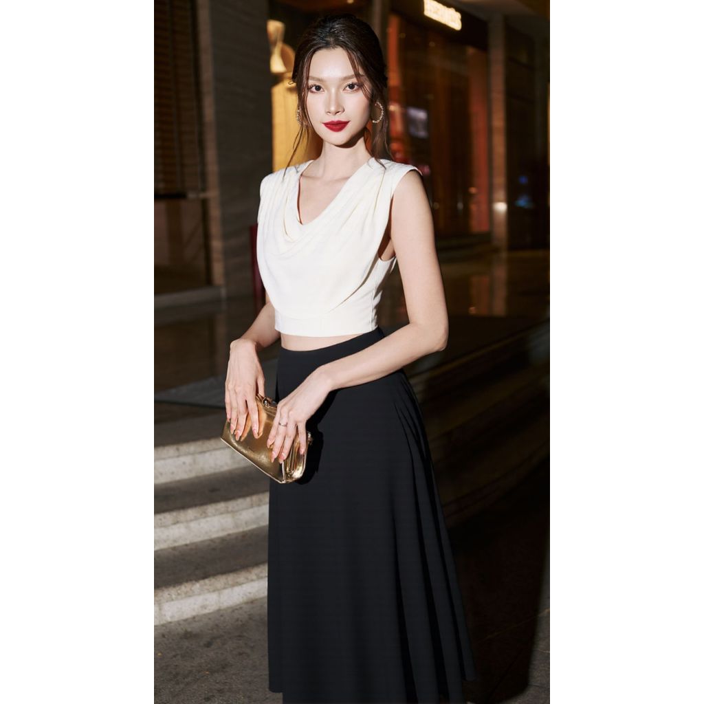 Vella Fashion set áo croptop cổ đổ không tay phối chân váy midi dáng xòe VA24117 VV24118