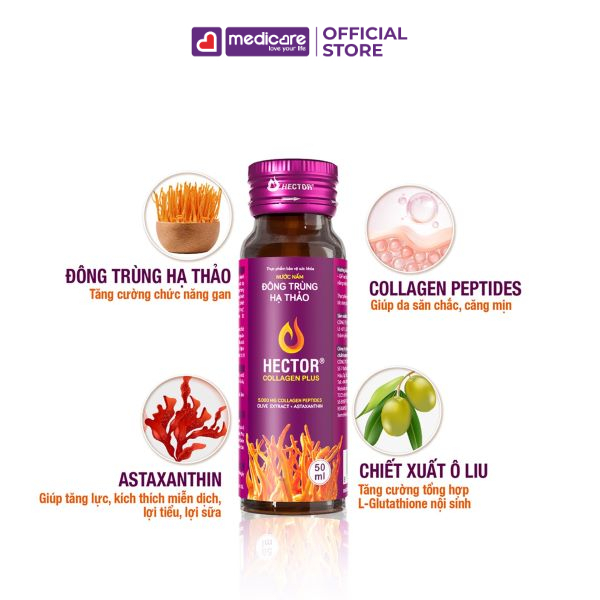 Nước uống HECTOR Collagen Plus nước nấm đông trùng hạ thảo hộp 10 chai
