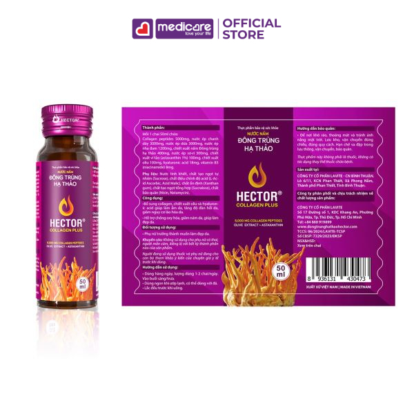 Nước uống HECTOR Collagen Plus nước nấm đông trùng hạ thảo hộp 10 chai