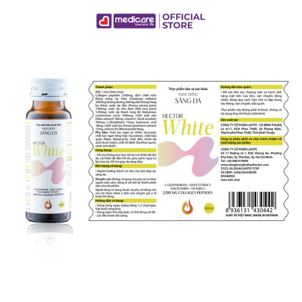 Nước Uống HECTOR White Hỗ Trợ Làm Sáng Da Hộp 10 chai