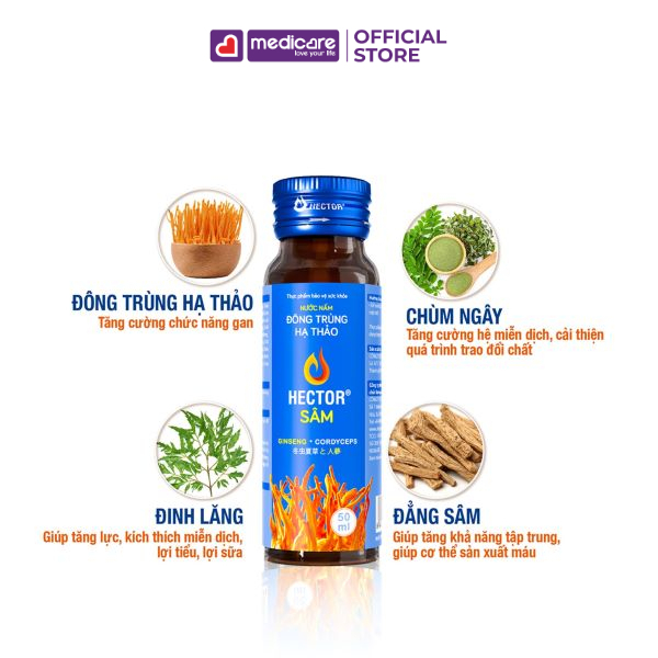 Nước Uống HECTOR Sâm và Nấm Đông Trùng Hạ Thảo Hộp 10 chai