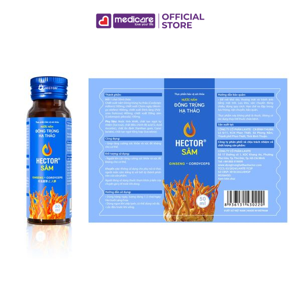 Nước Uống HECTOR Sâm và Nấm Đông Trùng Hạ Thảo Hộp 10 chai