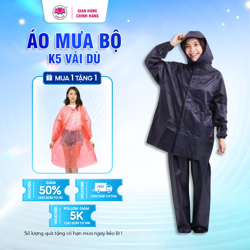 Bộ áo mưa K5 Chúc Sen, Chất liệu vải dù, có phản quang, chống rách ...