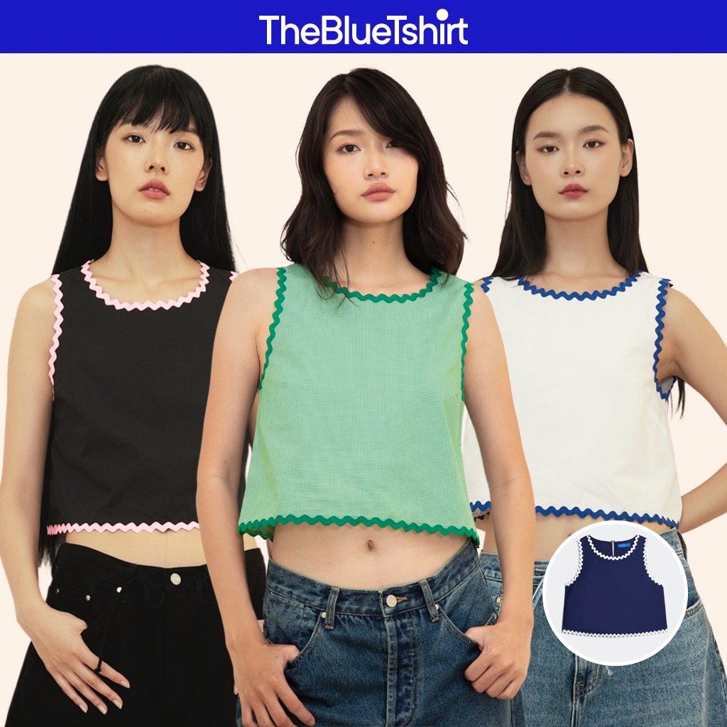 Ảnh TheBlueTshirt - Áo Croptop sát nách cotton cổ tròn viền ren zigzag cho nữ - ZigZag Lace Top - Women 1