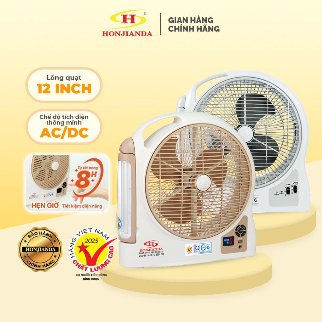 Quạt Sạc Tích Điện dạng hộp AC&DC 12 inch Honjianda FL323/FL313 1-2 pin - có đèn LED & USB