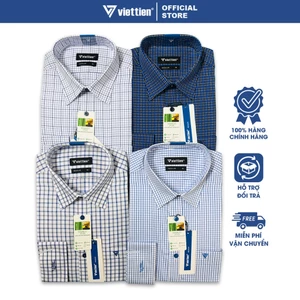 VIETTIEN SALE - Sơ Mi Tay Dài, Màu Trắng - Xanh Dương, Họa Tiết Caro, Form Regular Lai Bầu, Cao Cấp