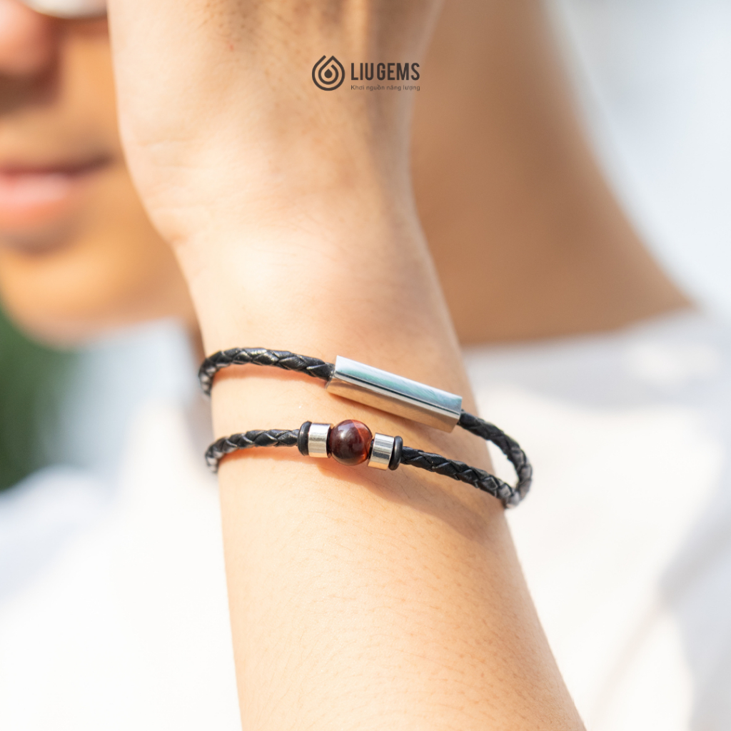 Vòng Tay Nam Đá Tự Nhiên 8 Ly Rex Liugems Dây Da Mix Charm Thép Không Gỉ Đơn Giản Ý Nghĩa VTDD01