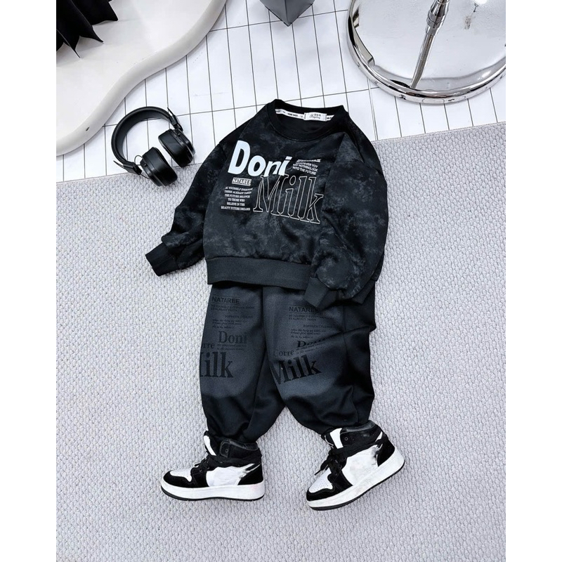 Set áo nỉ bé trai, Bộ nỉ ép 2 da mềm mịn hoạ tiết chữ in Doni đủ size từ 17kg đến 60kg