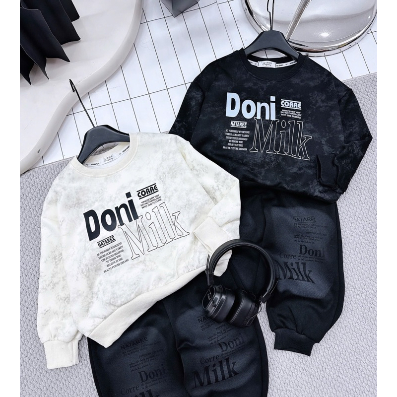 Set áo nỉ bé trai, Bộ nỉ ép 2 da mềm mịn hoạ tiết chữ in Doni đủ size từ 17kg đến 60kg