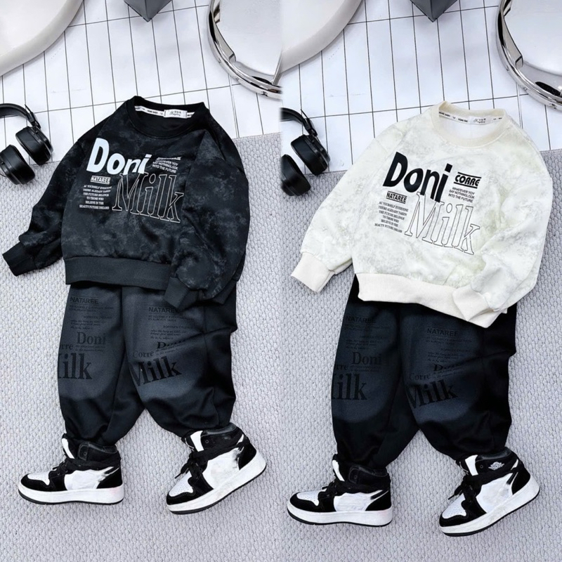 Set áo nỉ bé trai, Bộ nỉ ép 2 da mềm mịn hoạ tiết chữ in Doni đủ size từ 17kg đến 60kg