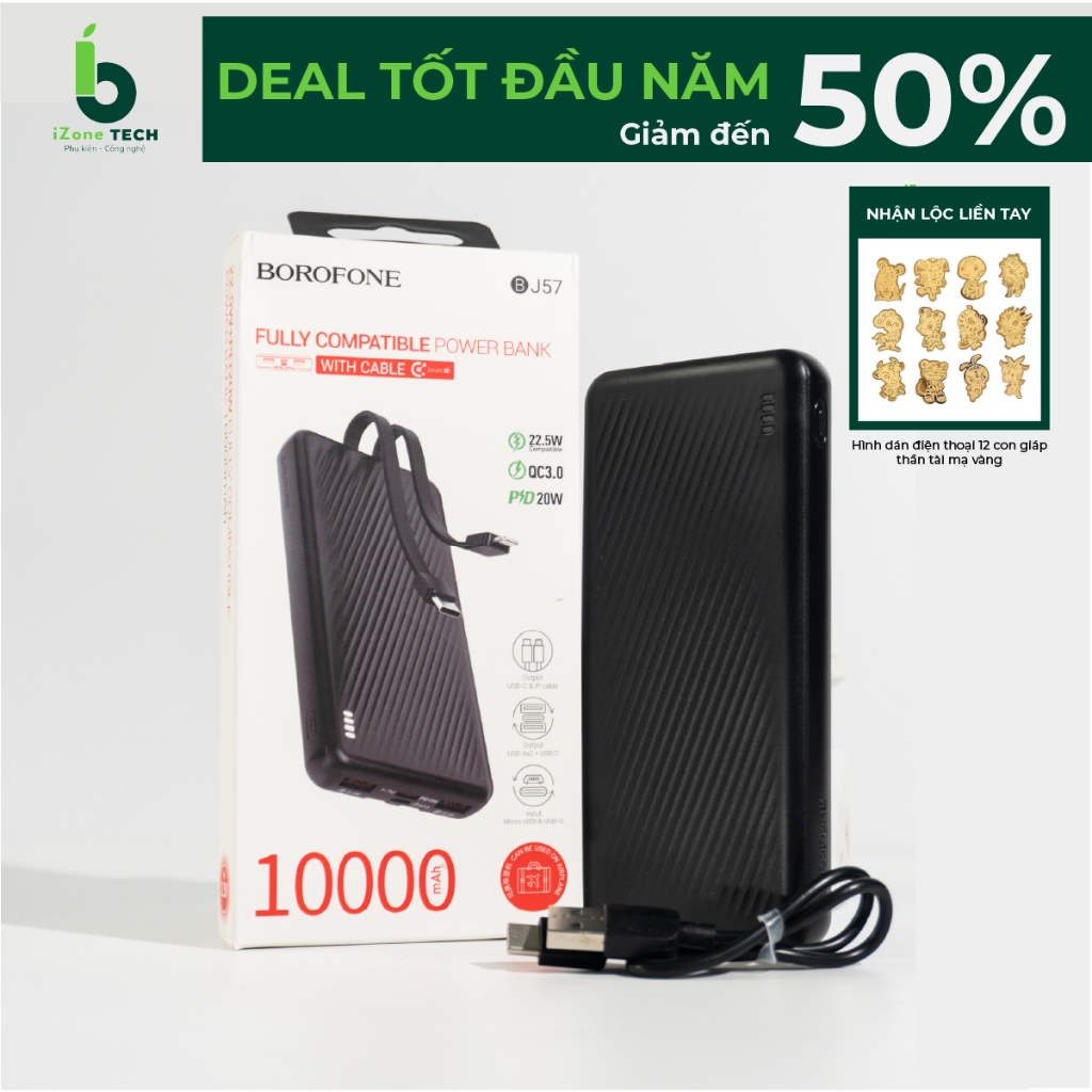 Pin sạc dự phòng Borofone BJ57 10000mAh Sạc nhanh , kèm 2 dây Type C ...
