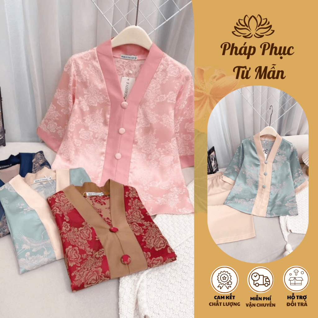 Đồ lam đi chùa nữ cổ V 3 cúc bọc Pháp phục đi chùa Bộ đi lễ lụa vân gỗ mềm mịn, dáng xuông