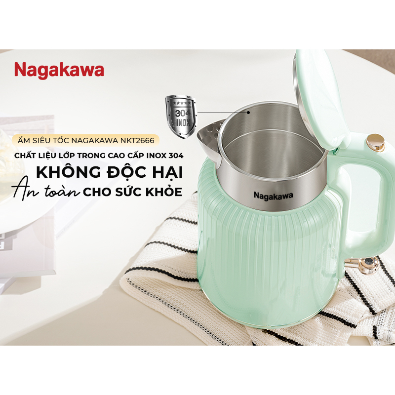 Ảnh Ấm siêu tốc 1.7L Nagakawa NKT2666, chất liệu inox 304, Rơ le kép an toàn, tự ngắt khi nước sôi 2