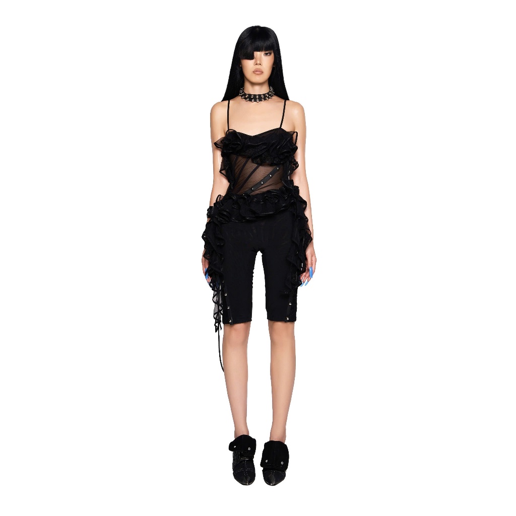 LSOUL Áo 2 Dây Corset Xuyên Thấu Phối Dây Da Đinh Tán Nhúng Ruffle Tua Rua Ming Top A24122789