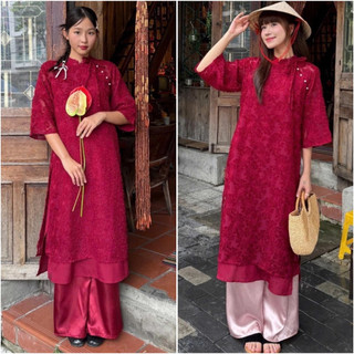Set Áo Dài Lông Vũ Buộc Nơ Cách Điệu Kèm Quần Lụa Siêu Xinh