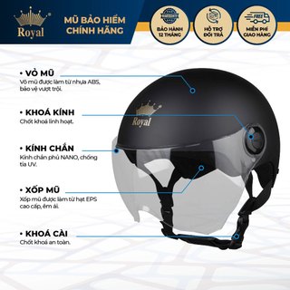 Mũ bảo hiểm nửa đầu Royal M162K có kính chắn gió màu trong chắn che mặt đi xe máy chính hãng