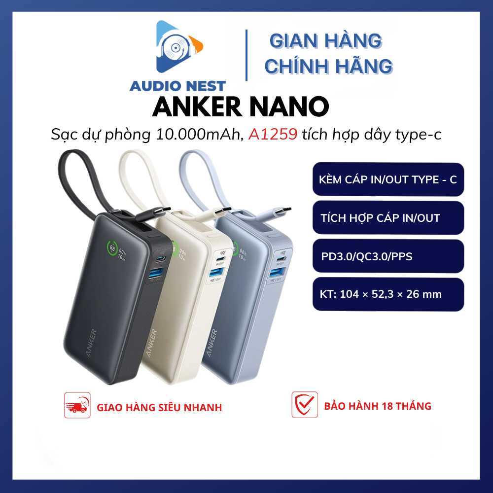 Sạc Dự Phòng Anker Nano A1259 sạc nhanh 10000mAh 30W kèm cáp type C in/out, tương trợ PD PPS QC- BH 18 tháng | BigBuy360 - bigbuy360.vn