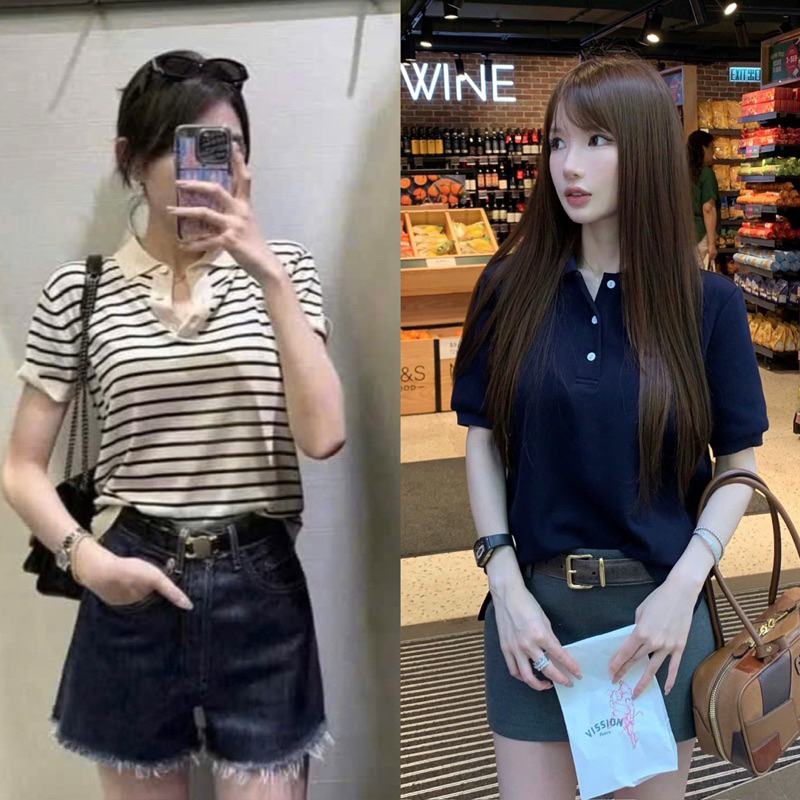 Áo len dệt cổ bẻ tay ngắn phong cách cúc ngực, chất liệu len dệt kim, kiểu dáng sang trọng, dễ phối đồ (40-62kg)