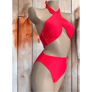 9 > Đồ bơi nữ, đồ bơi 1 mảnh, bikini liền thân ngực đan chéo mặc 2 kiểu màu hồng cam, đen hàng VNXK