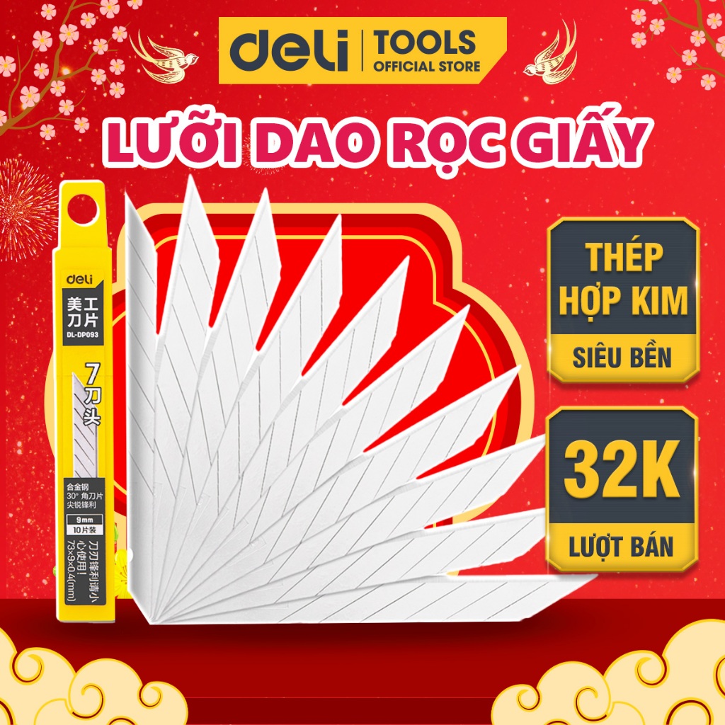 Hộp 10 Lưỡi Dao Rọc Giấy Deli, Chất Liệu Thép Hợp Kim Siêu Bền, Sắc Bén, Mũi Dao 30 Độ - DL-DP093