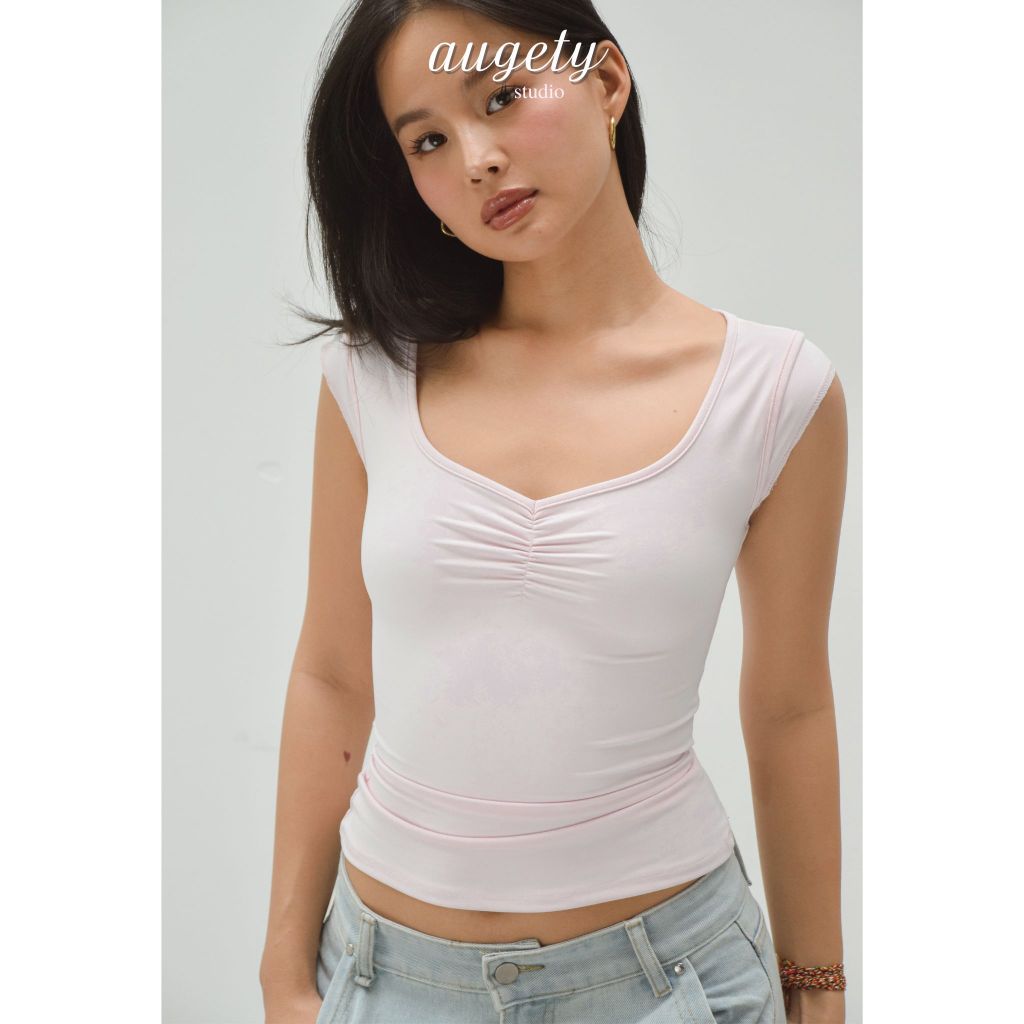 Áo Thun Ôm Tay Ngắn Cổ Tim Nhún Ngực Chiết Eo Vải Cao Cấp Augety Studio, HARLEY TOP