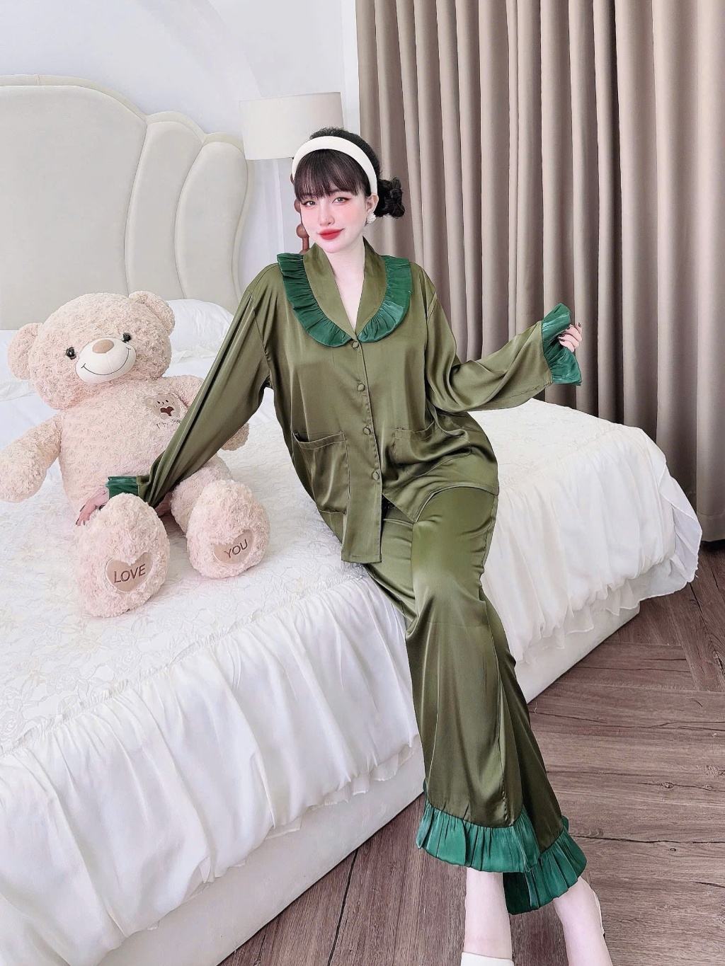Ảnh Đồ Ngủ Nữ Pijama Bigsize SOJUN Bộ Ngủ Lụa Latin Cổ Sam Phối Tơ Óng Cao Cấp  Size <65Kg 2