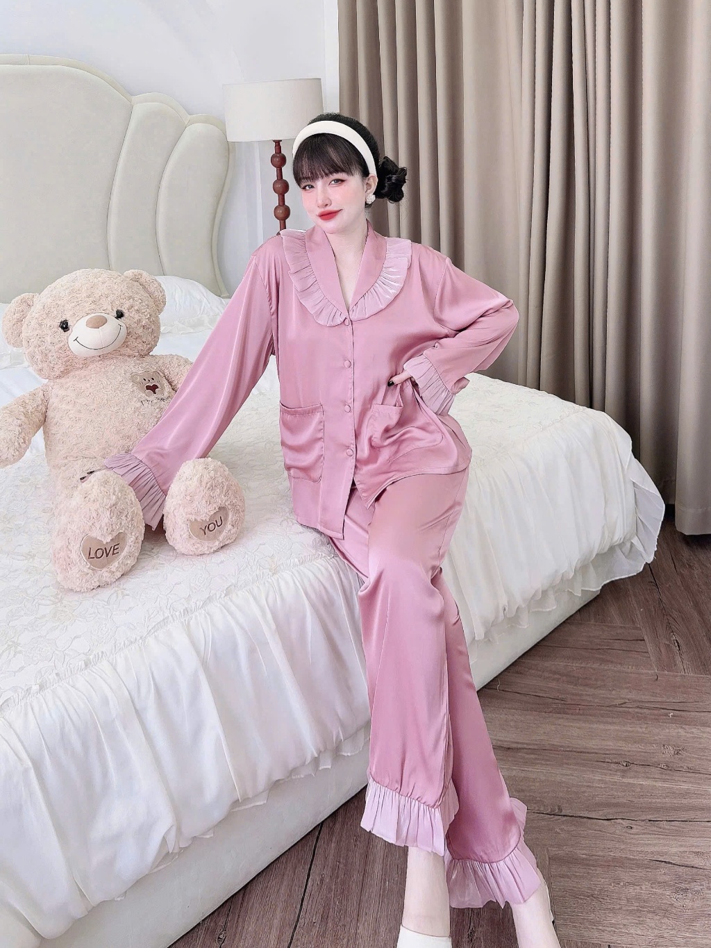 Ảnh Đồ Ngủ Nữ Pijama Bigsize SOJUN Bộ Ngủ Lụa Latin Cổ Sam Phối Tơ Óng Cao Cấp  Size <65Kg 3