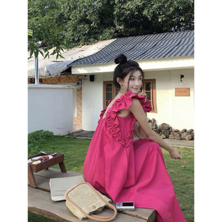 Đầm Maxi Cổ Vuông Phối Viền Bèo Tay Cánh Tiên Dáng Suông Phong Cách Vintage