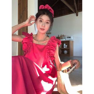 Đầm Maxi Cổ Vuông Phối Viền Bèo Tay Cánh Tiên Dáng Suông Phong Cách Vintage
