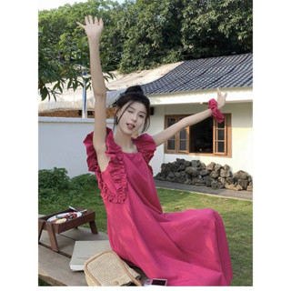 Đầm Maxi Cổ Vuông Phối Viền Bèo Tay Cánh Tiên Dáng Suông Phong Cách Vintage