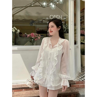 Set Bộ Đồ Áo Sơ Mi Phối Bèo Ren Kèm Áo 2 Dây Mix Quần Short Ngắn Sang Chảnh
