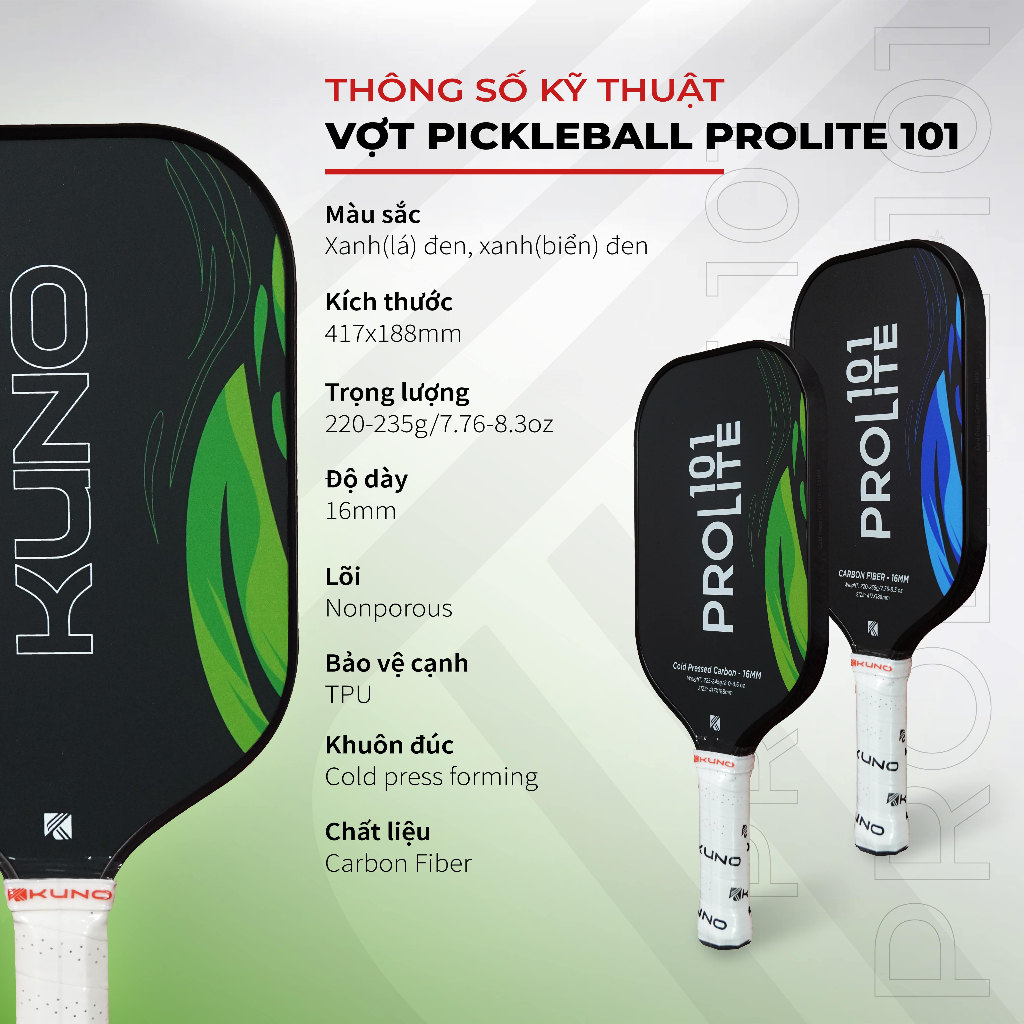 Ảnh Vợt Pickleball Kuno Prolite 101 Chính Hãng, bề mặt nhám, full carbon Fiber cao cấp, lối đánh tấn công 1