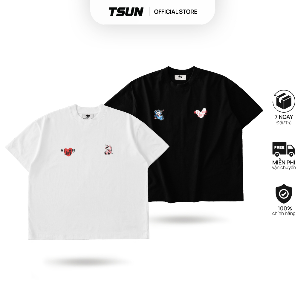 Ảnh Áo Thun Cặp Đôi LoveTeddy Trái Tim Brand TSUN Chính Hãng, Trắng/Đen, Nam/Nữ,  Form Rộng, Oversize, Bigsize, Localbrand 1