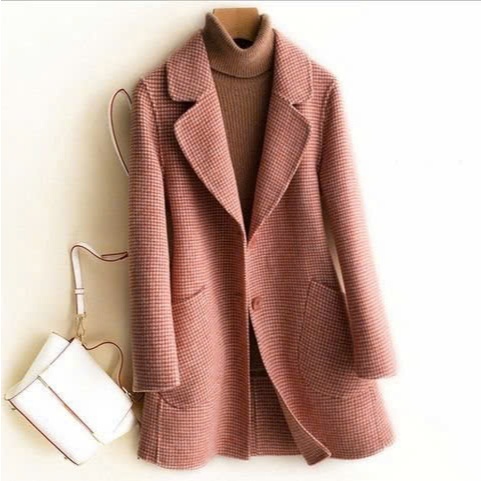 Áo dạ nữ lửng ngang hông phong cách Hàn Quốc lông cừu handmade măng tô khâu tay Quảng Châu cao cấp dáng xuông nhẹ trQuốc