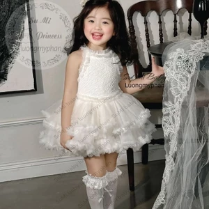 Váy công chúa ba lê trắng kem siêu bồng xòe ren mềm cho bé gái