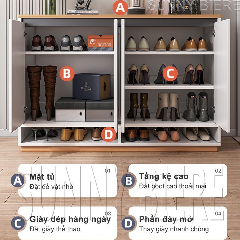 SUNNY Tủ Giày Thông Minh 4 Cánh - Gỗ MDF Cao Cấp Màu Trắng Vân Gỗ Tiết Kiệm Không Gian Dễ Lắp Đặt