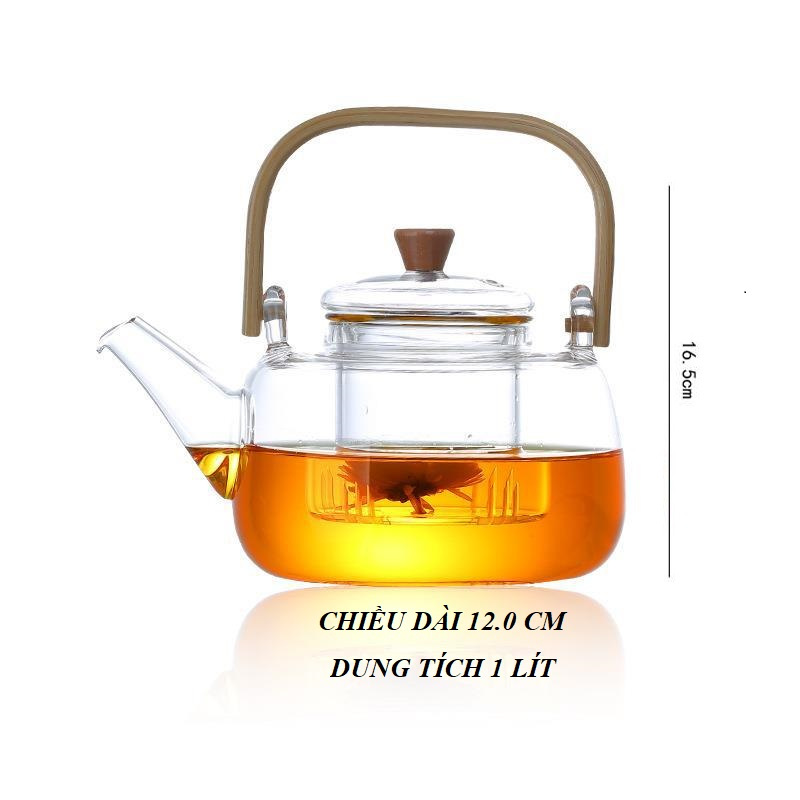 Ấm Thủy Tinh Pha Trà Quai Gỗ Có Lõi Lọc Có Thể Đun Trên Các Loại Bếp