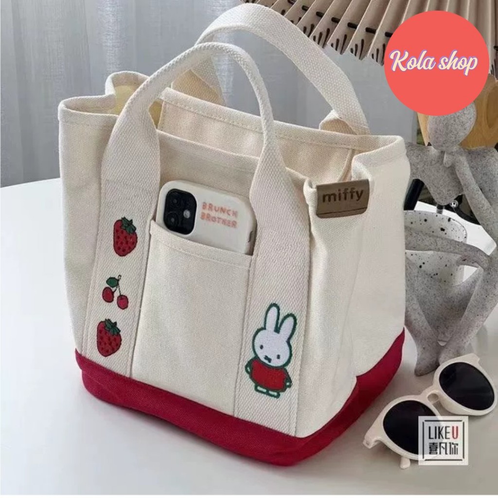 Túi xách bỉm sữa cho mẹ và bé vải canvas thêu hoạ tiết thỏ, túi xách nữ thời trang