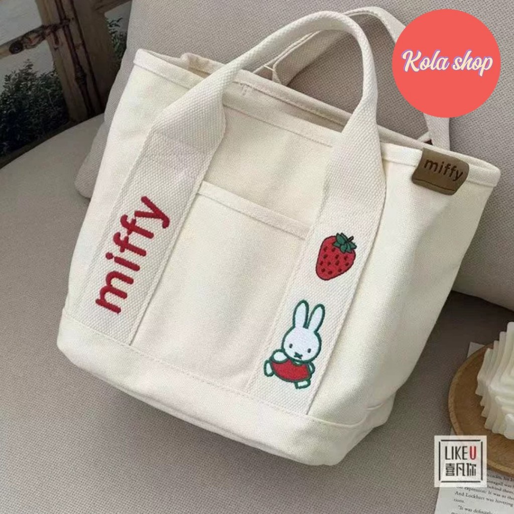Túi xách bỉm sữa cho mẹ và bé vải canvas thêu hoạ tiết thỏ, túi xách nữ thời trang