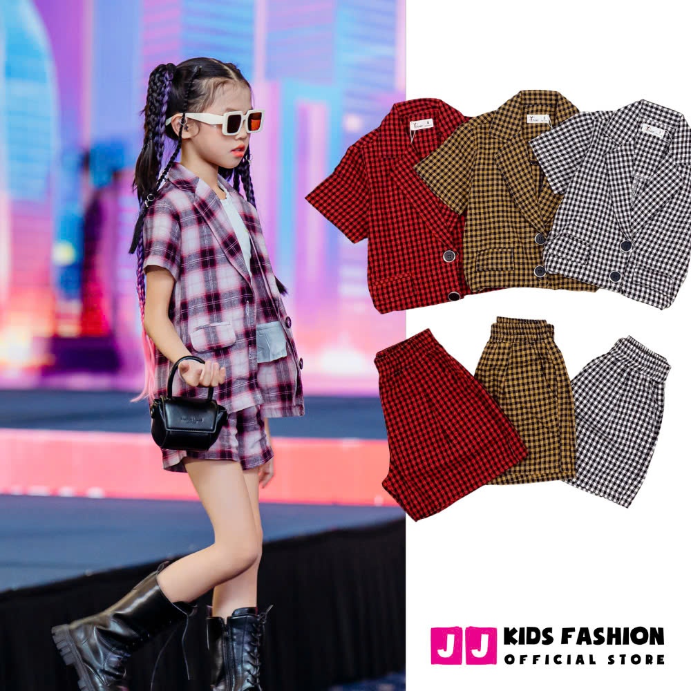 Set quần áo vest cho bé gái họa tiết sọc caro cao cấp - JJ Kids